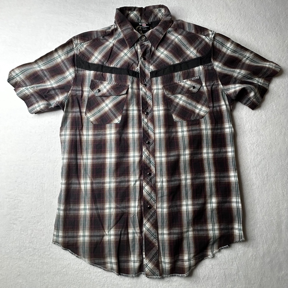 Split Mens VINTAGE Y2K Western Plaid Snap Button Down Short Sleeve Shirt